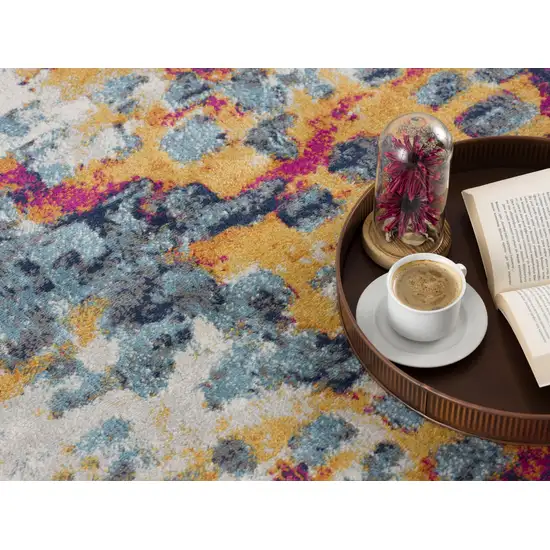 14' Yellow And Blue Abstract Runner Rug Photo 4