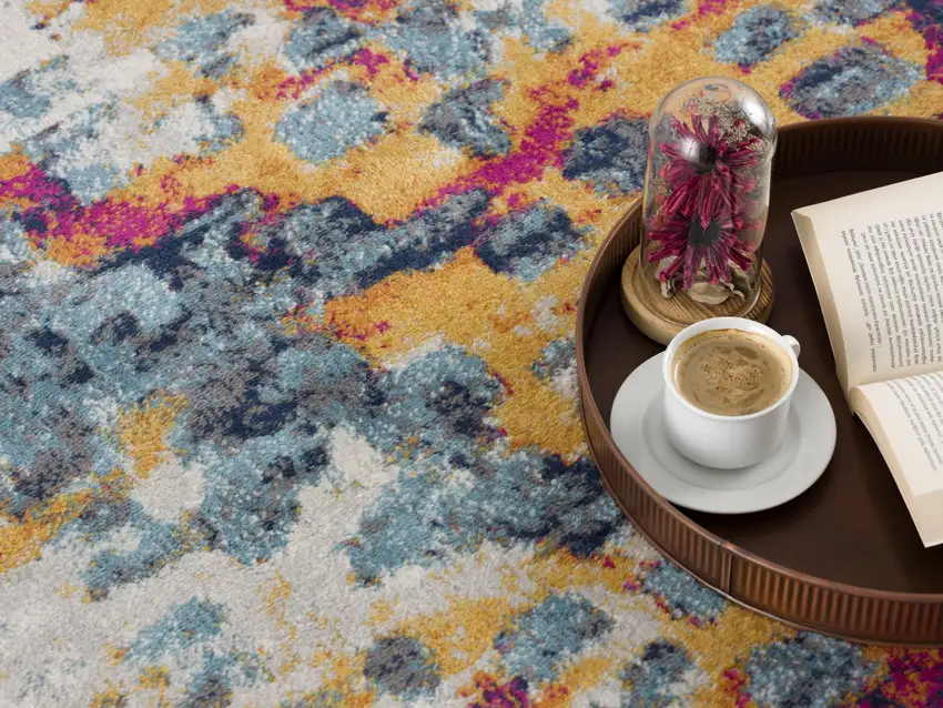 14' Yellow And Blue Abstract Runner Rug Photo 4