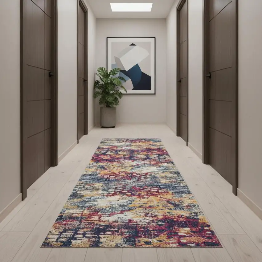 14' Yellow And Blue Abstract Runner Rug Photo 1