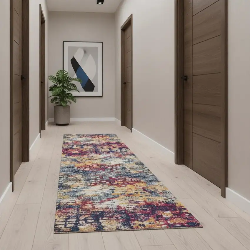 11' Yellow And Blue Abstract Runner Rug Photo 1