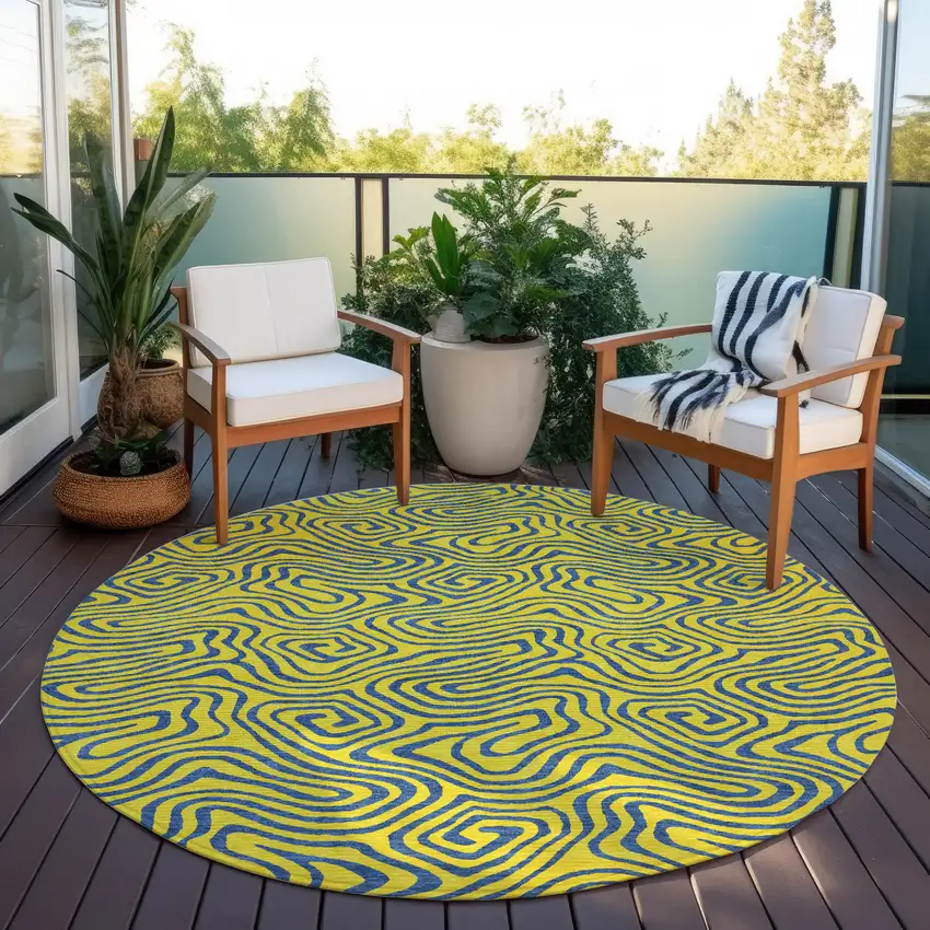 8' Yellow And Blue Round Abstract Washable Indoor Outdoor Area Rug Photo 7
