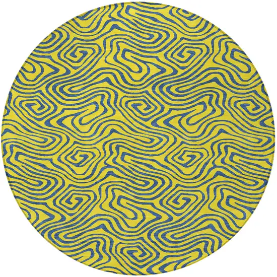 8' Yellow And Blue Round Abstract Washable Indoor Outdoor Area Rug Photo 6