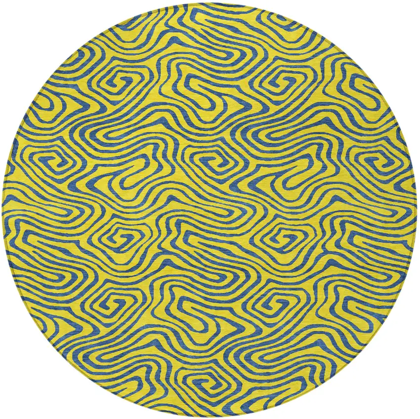 8' Yellow And Blue Round Abstract Washable Indoor Outdoor Area Rug Photo 6