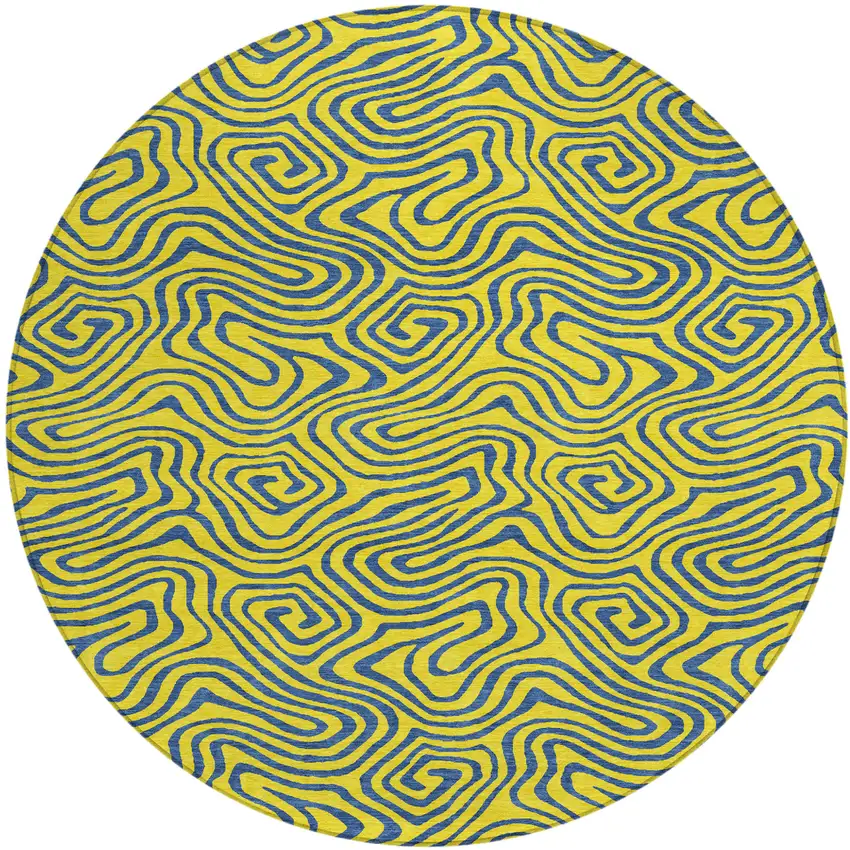 8' Yellow And Blue Round Abstract Washable Indoor Outdoor Area Rug Photo 2