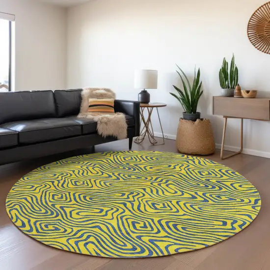 8' Yellow And Blue Round Abstract Washable Indoor Outdoor Area Rug Photo 8