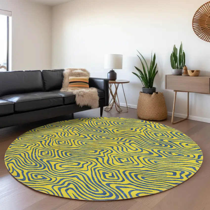 8' Yellow And Blue Round Abstract Washable Indoor Outdoor Area Rug Photo 8