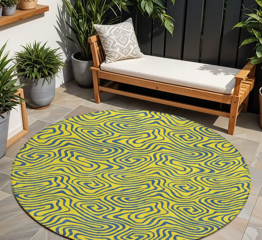 8' Yellow And Blue Round Abstract Washable Indoor Outdoor Area Rug Photo 1