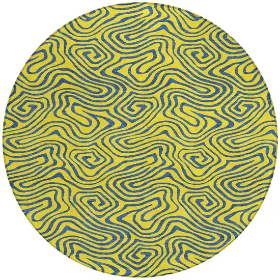 8' Yellow And Blue Round Abstract Washable Indoor Outdoor Area Rug Photo 5