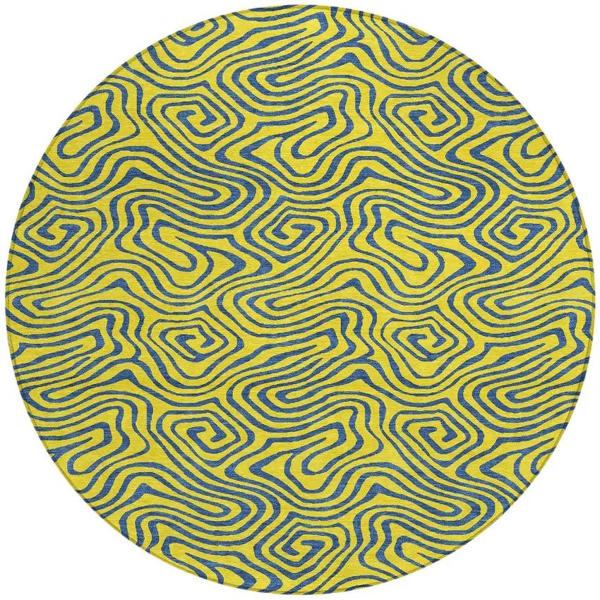8' Yellow And Blue Round Abstract Washable Indoor Outdoor Area Rug Photo 5