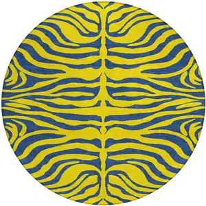 Photo of 8' Yellow And Blue Round Animal Print Washable Indoor Outdoor Area Rug