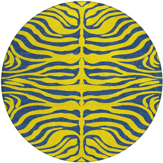 8' Yellow And Blue Round Animal Print Washable Indoor Outdoor Area Rug Photo 2