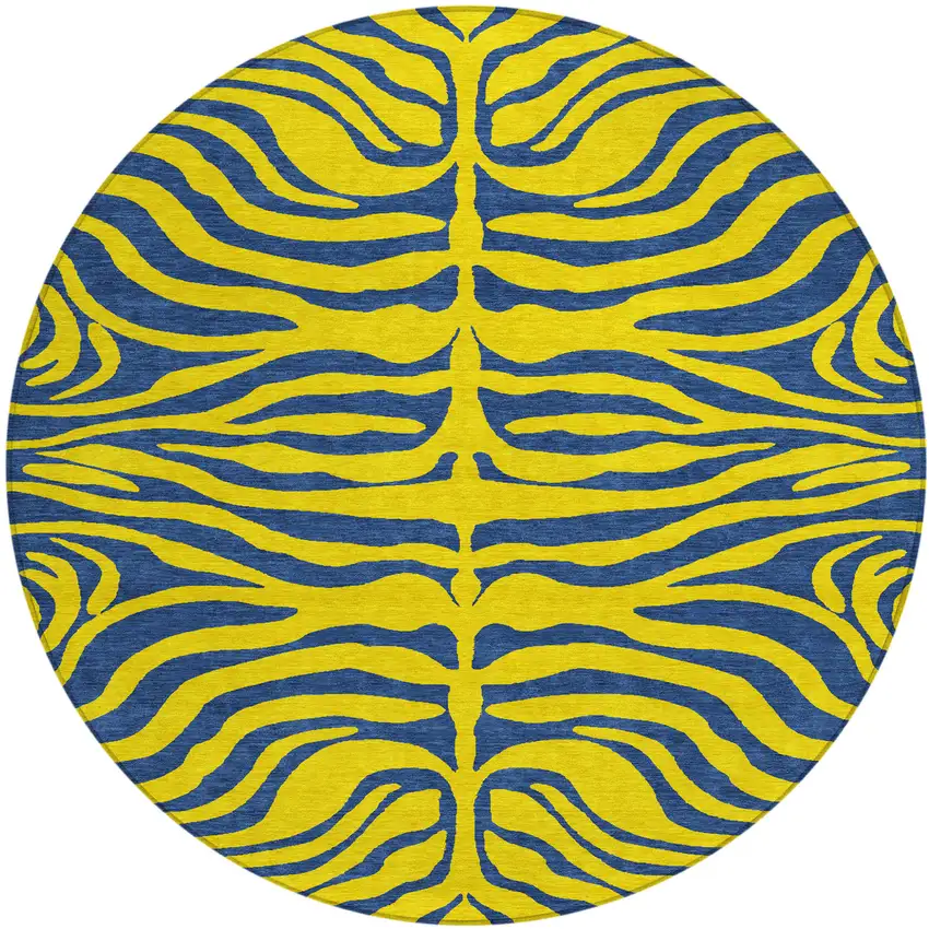 8' Yellow And Blue Round Animal Print Washable Indoor Outdoor Area Rug Photo 2