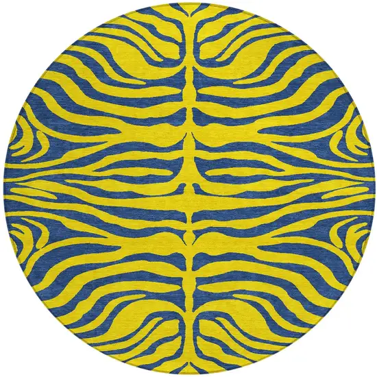 8' Yellow And Blue Round Animal Print Washable Indoor Outdoor Area Rug Photo 6