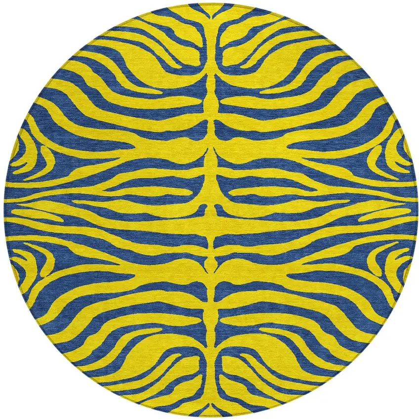 8' Yellow And Blue Round Animal Print Washable Indoor Outdoor Area Rug Photo 6