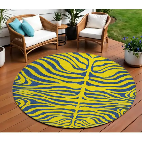 8' Yellow And Blue Round Animal Print Washable Indoor Outdoor Area Rug Photo 1