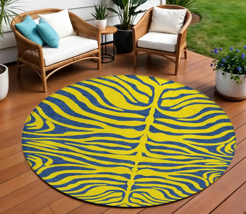 8' Yellow And Blue Round Animal Print Washable Indoor Outdoor Area Rug Photo 1