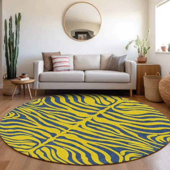 8' Yellow And Blue Round Animal Print Washable Indoor Outdoor Area Rug Photo 8