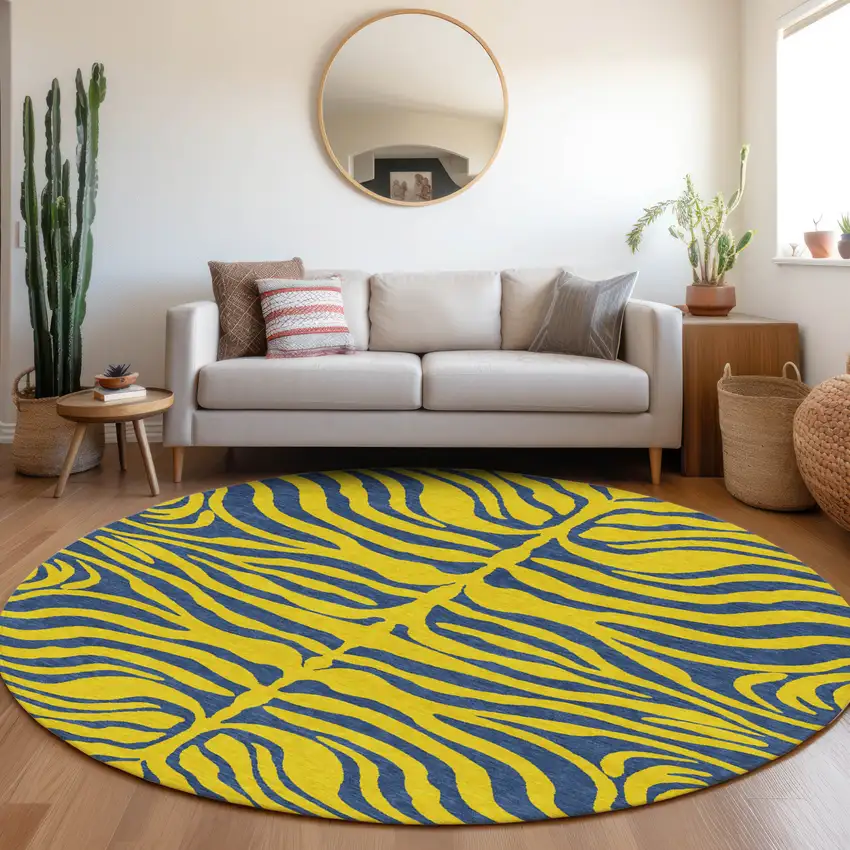 8' Yellow And Blue Round Animal Print Washable Indoor Outdoor Area Rug Photo 8