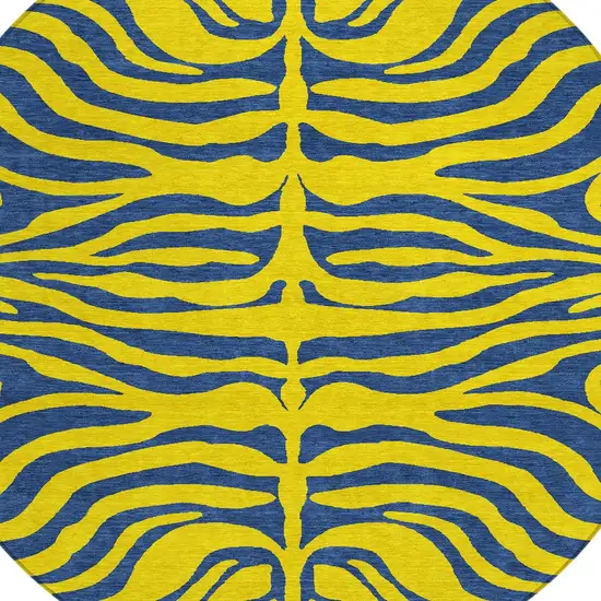 8' Yellow And Blue Round Animal Print Washable Indoor Outdoor Area Rug Photo 5