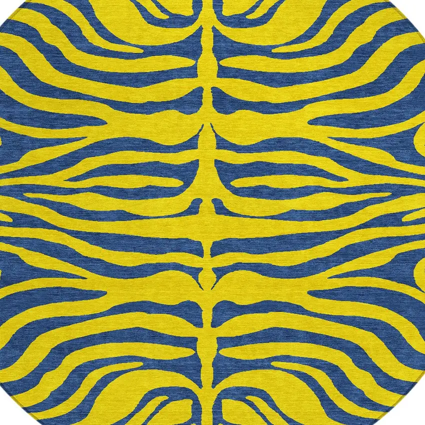 8' Yellow And Blue Round Animal Print Washable Indoor Outdoor Area Rug Photo 5