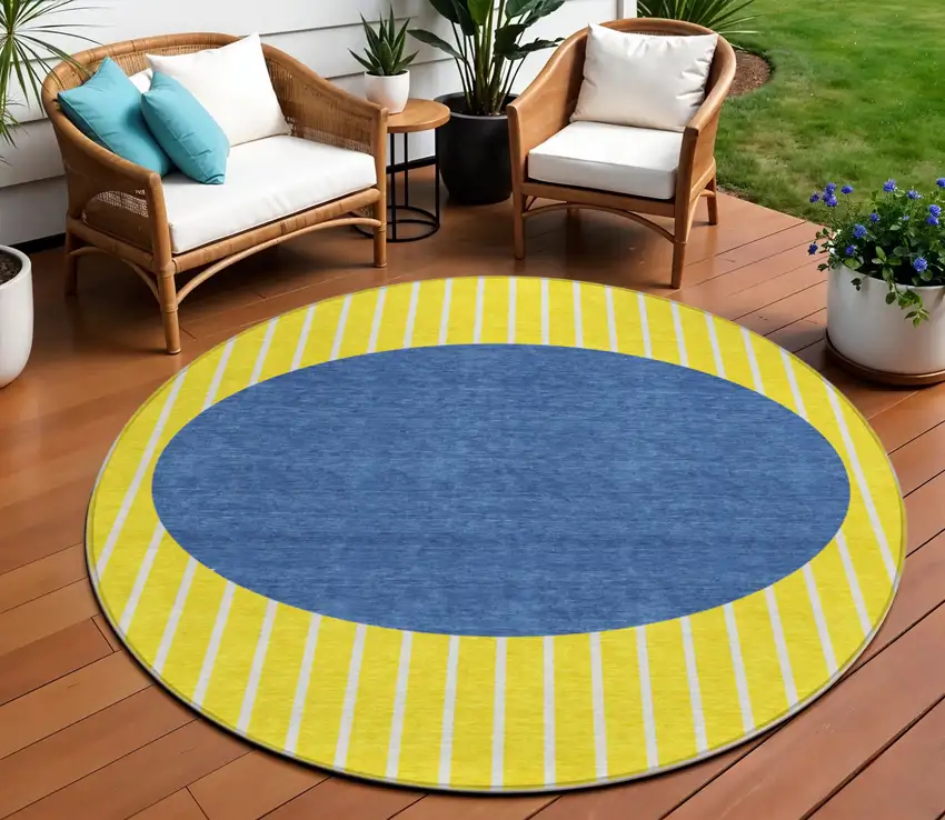 8' Yellow And Blue Round Striped Washable Indoor Outdoor Area Rug Photo 1