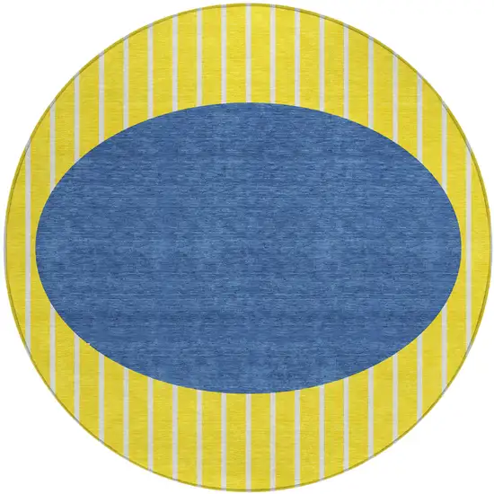 8' Yellow And Blue Round Striped Washable Indoor Outdoor Area Rug Photo 2