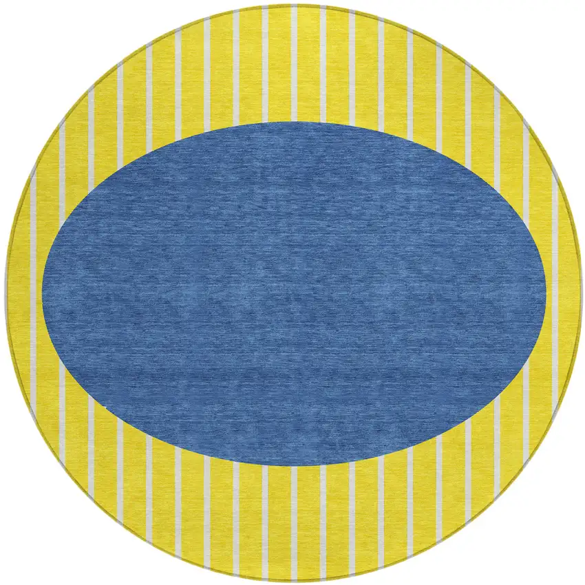 8' Yellow And Blue Round Striped Washable Indoor Outdoor Area Rug Photo 2