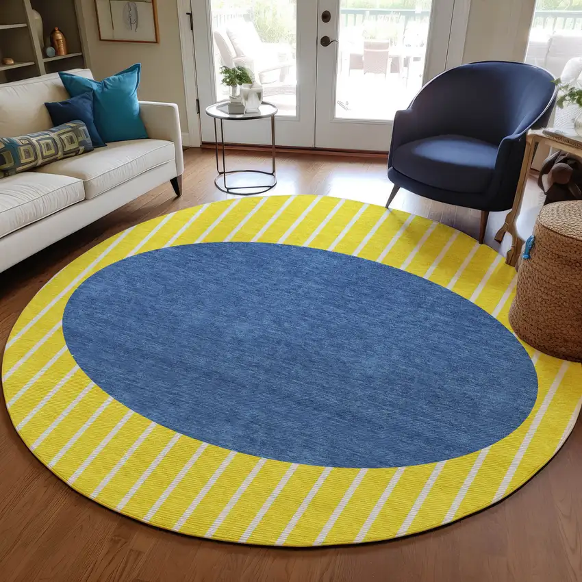 8' Yellow And Blue Round Striped Washable Indoor Outdoor Area Rug Photo 7