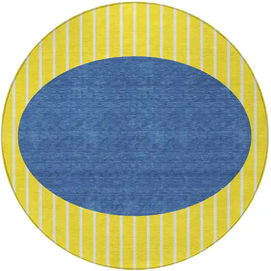 8' Yellow And Blue Round Striped Washable Indoor Outdoor Area Rug Photo 5