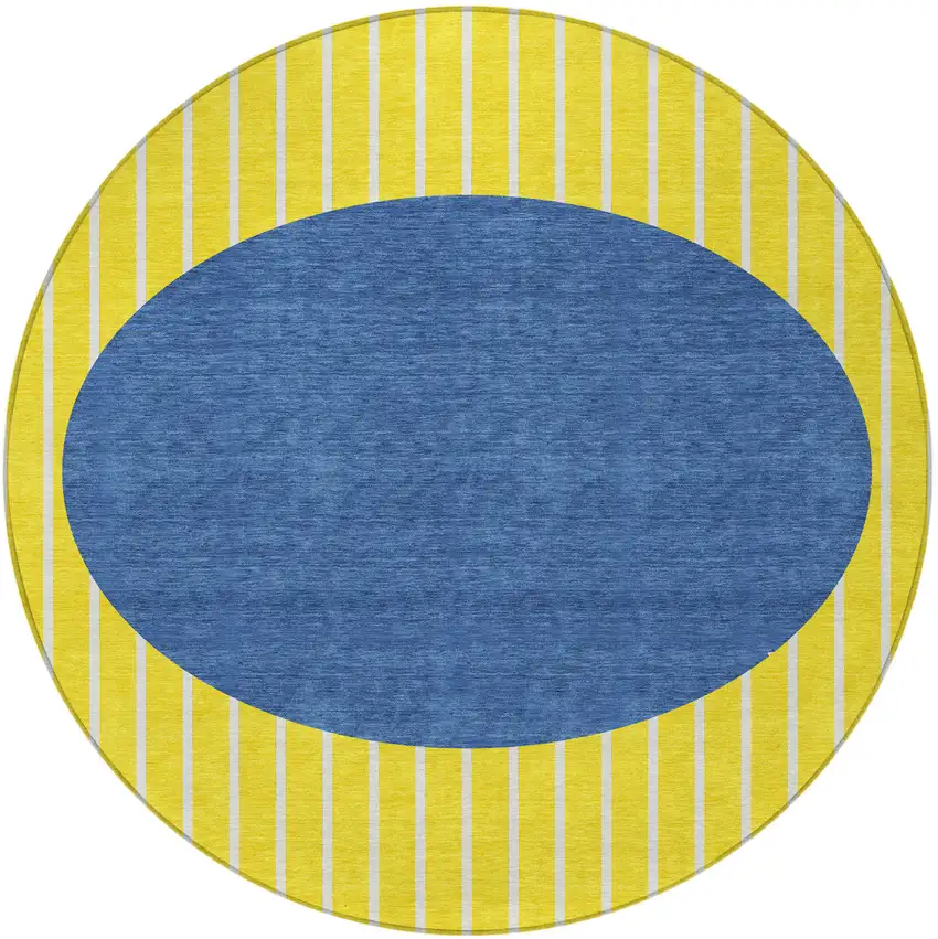 8' Yellow And Blue Round Striped Washable Indoor Outdoor Area Rug Photo 5