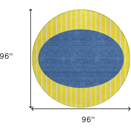 8' Yellow And Blue Round Striped Washable Indoor Outdoor Area Rug Photo 3