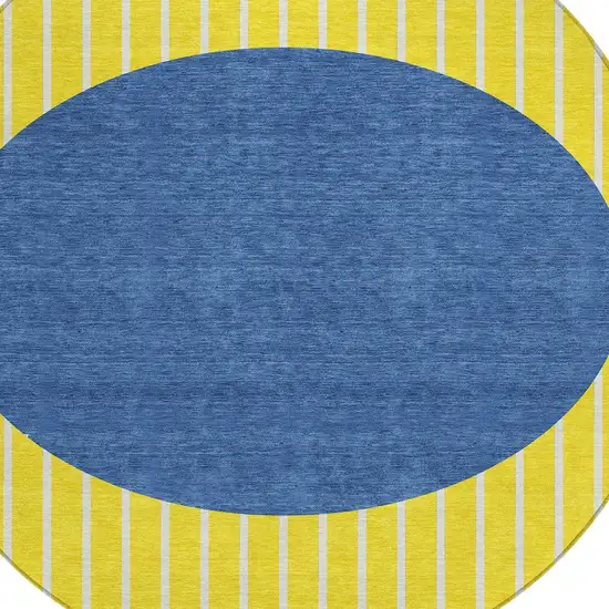 8' Yellow And Blue Round Striped Washable Indoor Outdoor Area Rug Photo 4