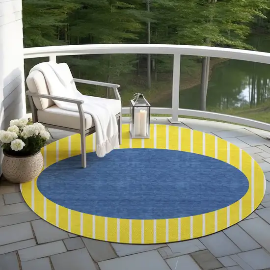 8' Yellow And Blue Round Striped Washable Indoor Outdoor Area Rug Photo 6