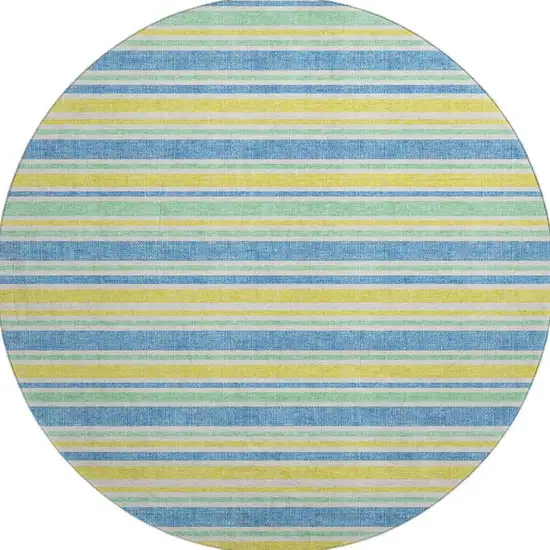 8' Yellow And Blue Striped Washable Round Rug With UV Protection Photo 4