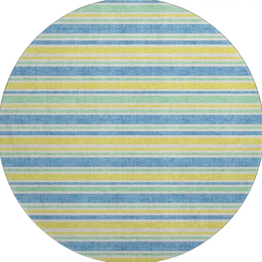 8' Yellow And Blue Striped Washable Round Rug With UV Protection Photo 4