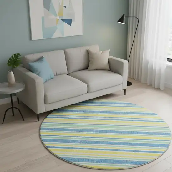 8' Yellow And Blue Striped Washable Round Rug With UV Protection Photo 2