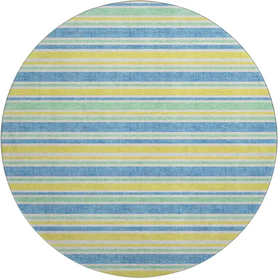 8' Yellow And Blue Striped Washable Round Rug With UV Protection Photo 1