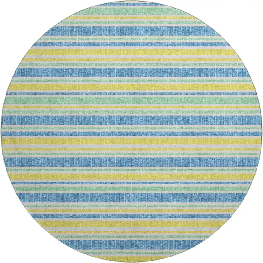 8' Yellow And Blue Striped Washable Round Rug With UV Protection Photo 1