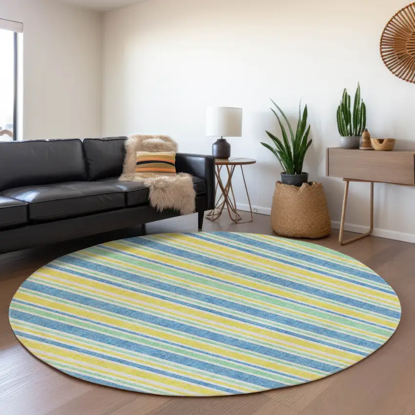 8' Yellow And Blue Striped Washable Round Rug With UV Protection Photo 5