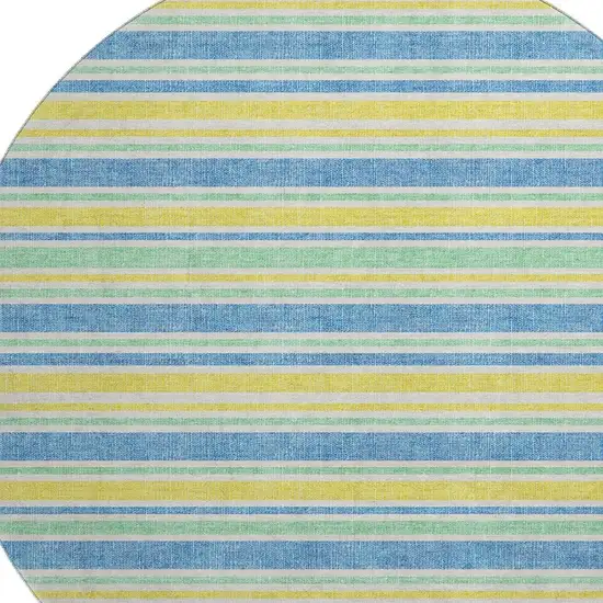 8' Yellow And Blue Striped Washable Round Rug With UV Protection Photo 3