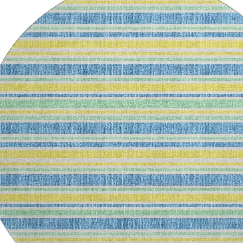 8' Yellow And Blue Striped Washable Round Rug With UV Protection Photo 3