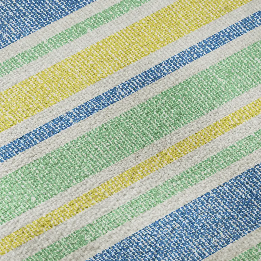 8' Yellow And Blue Striped Washable Round Rug With UV Protection Photo 9