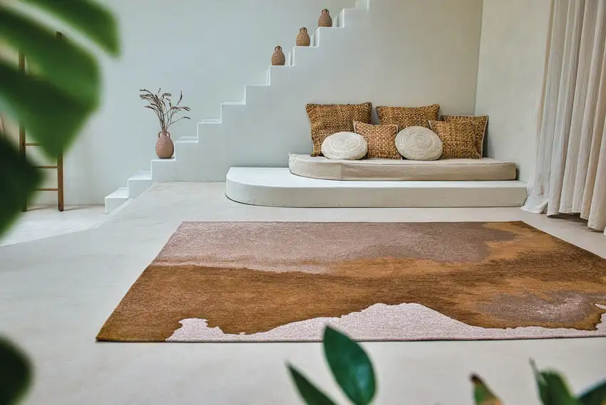 8' Yellow And Brown Abstract Washable Round Rug Photo 4