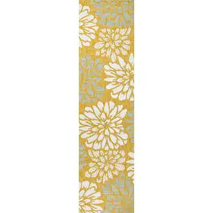 Photo of 10' Yellow And Cream Floral Indoor Outdoor Runner Rug