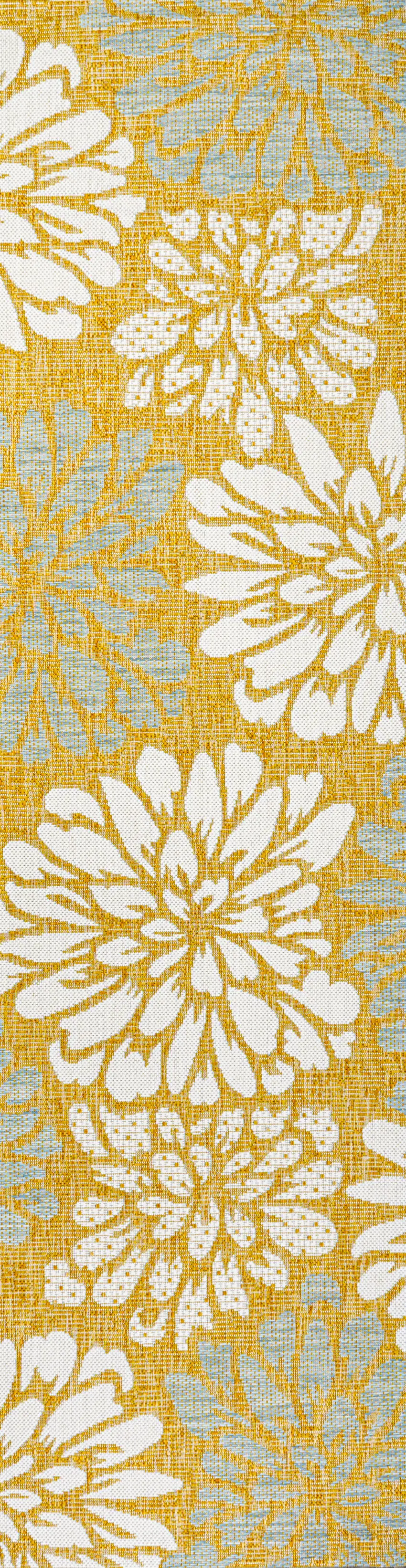 10' Yellow And Cream Floral Indoor Outdoor Runner Rug Photo 1