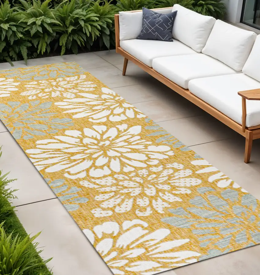 10' Yellow And Cream Floral Indoor Outdoor Runner Rug Photo 1