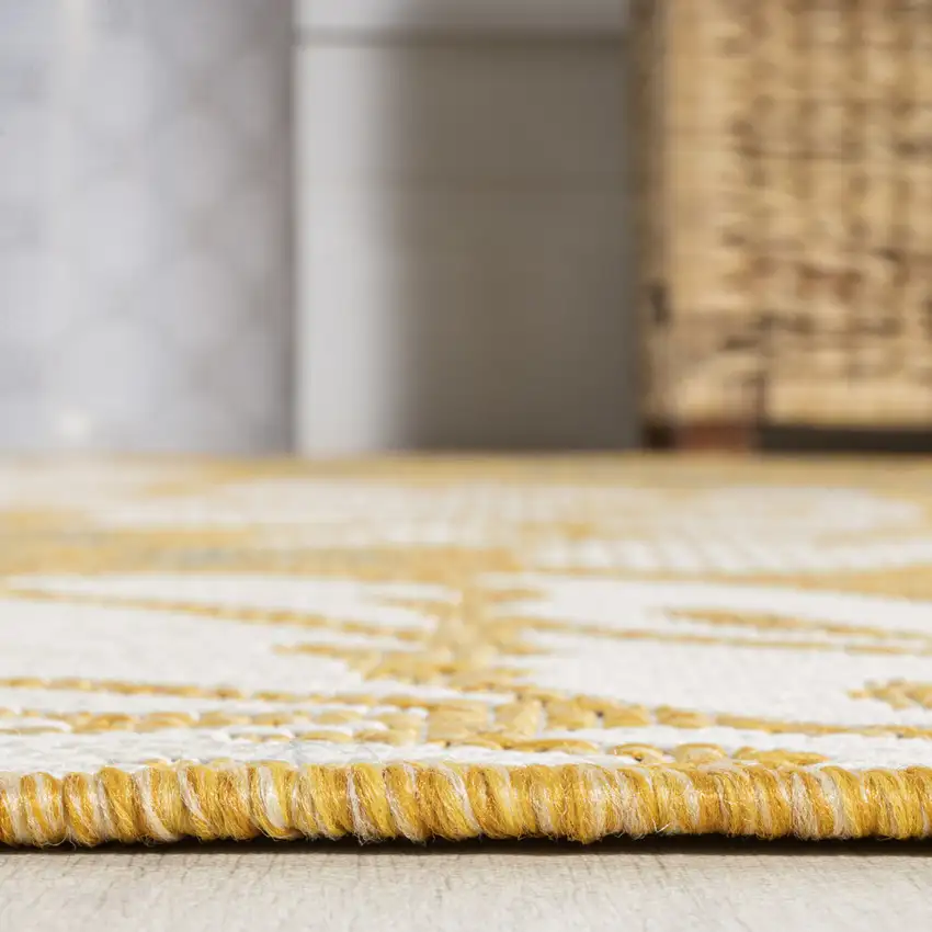 8' Yellow And Cream Floral Indoor Outdoor Runner Rug Photo 5