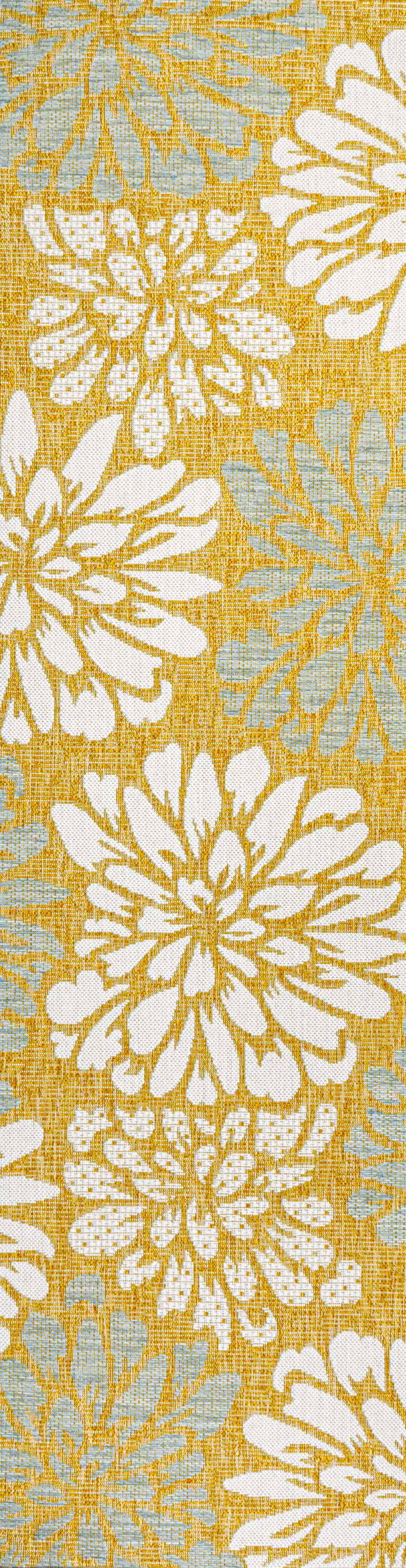 8' Yellow And Cream Floral Indoor Outdoor Runner Rug Photo 3