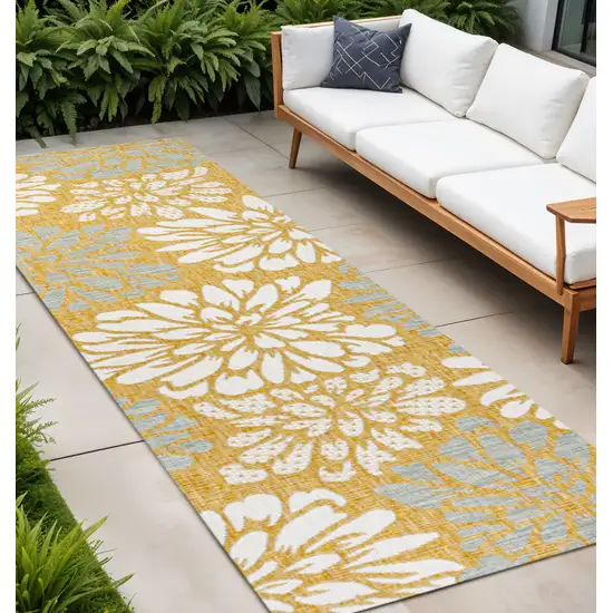 8' Yellow And Cream Floral Indoor Outdoor Runner Rug Photo 1