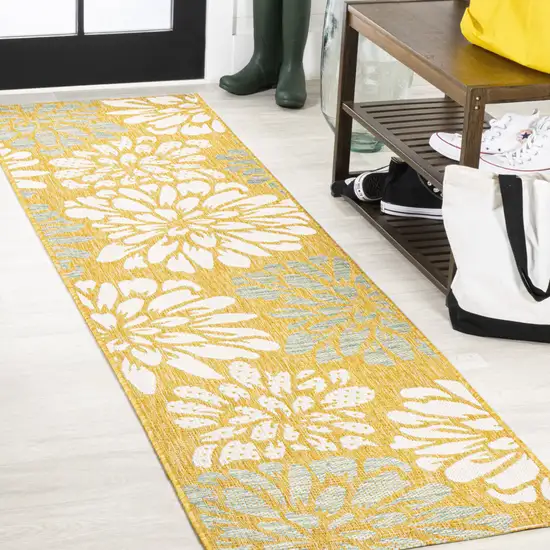 8' Yellow And Cream Floral Indoor Outdoor Runner Rug Photo 4